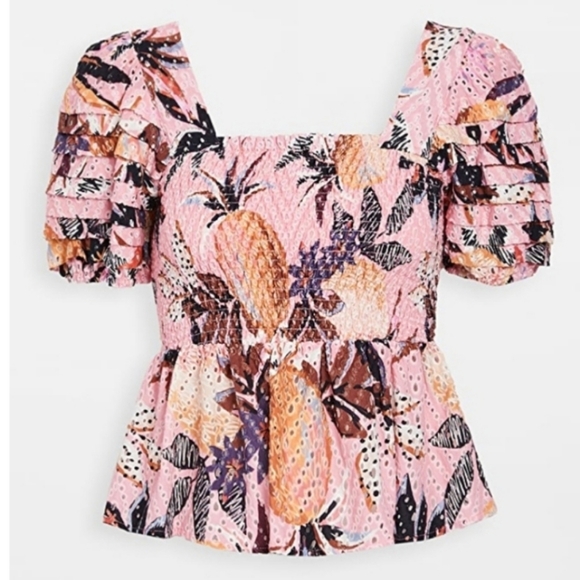 FARM Rio Pink Pineapple Print Smocked Top Size XS - Picture 2 of 10